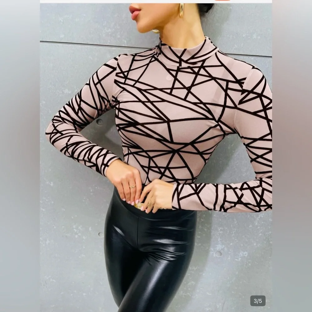 SHEIN Black and Tan Abstract Long Sleeve Mesh Top - Picture 2 of 6